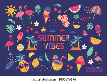 Set of cute summer icons: food, drinks, palm leaves, fruits, flamingos. summer holidays, travel, beach vacations and days. Vector illustration.