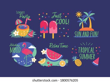 Set of cute summer icons: food, drinks, palm leaves, fruits, flamingos. summer holidays, travel, beach vacations and days. Vector illustration.