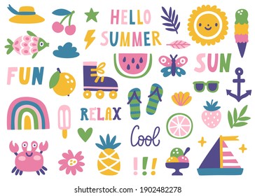 Set of cute summer icons: summer food, fruits, crab, sun, rainbow, roller skate. Bright summertime card. Collection of scrapbooking elements for a beach party. Isolated on white.