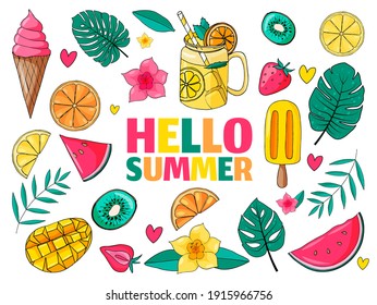 Set of cute summer icons: food, drinks, palm leaves, fruits and ice cream. Bright summertime poster. Collection of scrapbooking elements for beach party.