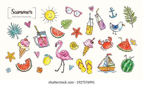 Set of cute summer icons: food, drinks, tropical leaves, fruits, flamingo, crab, seagull. Bright summer poster. Collection of scrapbooking elements for beach party. Vector flat style design. Doodle