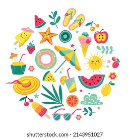 Set of cute summer icons: food, drinks, palm leaves, fruits, beach umbrella, rubber ring, flip flops. Beach party items collection.