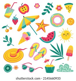 Set of cute summer icons: food, drinks, palm leaves, fruits, beach umbrella, rubber ring, flip flops. Beach party items collection.