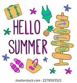 Set of cute summer icons food, drinks, tropical leaves, fruits, flamingo, crab, seagull. Bright summer poster. Collection of scrapbooking elements for a beach party. Vector flat style design. Doodle