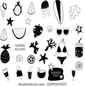 Set of cute summer icons: food, drinks, palm leaves, fruits. Bright summer poster. Collection of scrapbooking elements for beach party, seashells food. black and white summer set