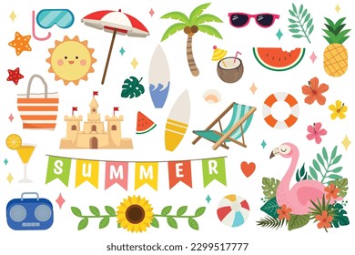 Set of cute summer icons: food, drinks, palm leaves, fruits and flamingo. Bright elements of party Summer. Essentials set for beach. Flat Vector illustrations.