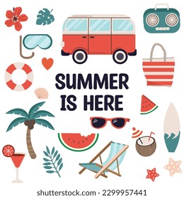 Set of cute summer icons: food, drinks, palm leaves, fruits and flamingo. Bright elements of party Summer. Essentials set for beach. Flat Vector illustrations.
