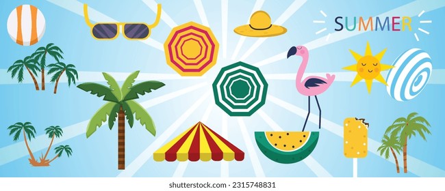 Set of cute summer icons food, drink, palm leaf, fruits and flamingo. Sunny summer poster