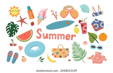 Set of cute summer icons: food, drinks, palm leaves, fruits and summer fashion . Bright summertime poster. Collection of scrapbooking elements for beach party.