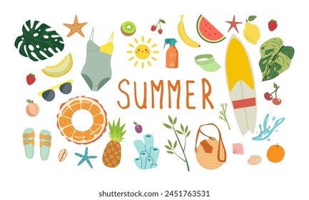 Set of cute summer icons: food, drinks, palm leaves, fruits and summer fashion . Bright summertime poster. Collection of scrapbooking elements for beach party.