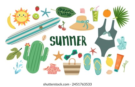 Set of cute summer icons: food, drinks, palm leaves, fruits and summer fashion . Bright summertime poster. Collection of scrapbooking elements for beach party.