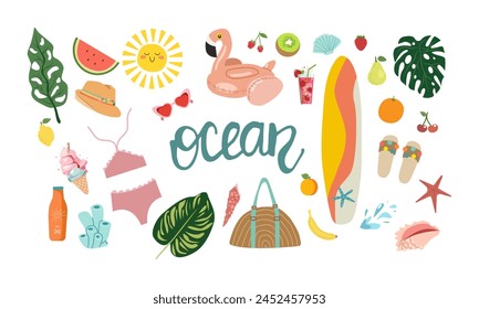 Set of cute summer icons: food, drinks, palm leaves, fruits and summer fashion . Bright summertime poster. Collection of scrapbooking elements for beach party.
