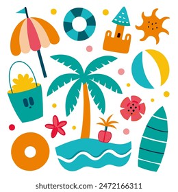 Conjunto de iconos de verano: comida, bebidas y hojas de palma. Brillantes Elementos de fiesta de verano. Essentials listo para la playa. Ilustraciones vectoriales planas.