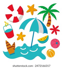 Set of cute summer icons: food, drinks and palm leaves. Bright elements of party Summer. Essentials set for beach. Flat Vector illustrations.