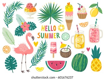 Sevimli yaz simgeleri seti: yiyecek, içecek, palmiye yaprağı, meyve ve flamingo. Parlak yaz posteri. Plaj partisi için scrapbooking öğelerinin koleksiyonu.