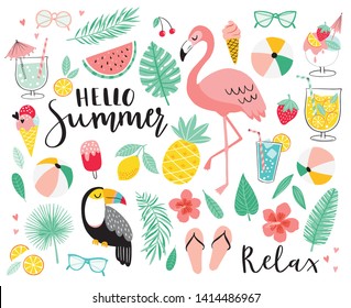 Set of cute summer icons. Hand drawn vector illustration.  Flamingo, toucan, tropical palm leaves, fruits, food, drinks. Summertime poster, scrapbooking elements. 