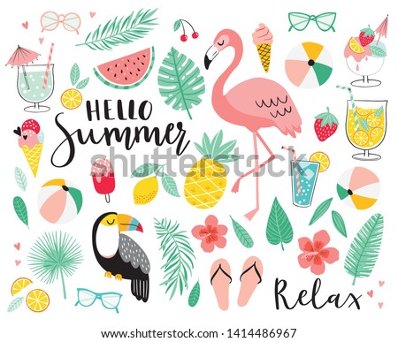 Set of cute summer icons. Hand drawn vector illustration.  Flamingo, toucan, tropical palm leaves, fruits, food, drinks. Summertime poster, scrapbooking elements. 