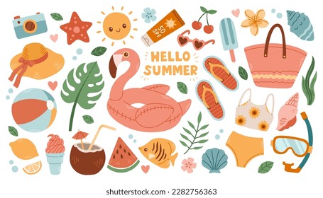 Set of cute summer icons ice cream, coconut, fruits, flamingo. Collection of scrapbooking elements for beach party.