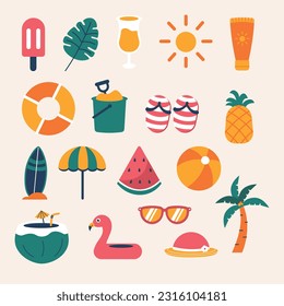 Set of cute summer icons: ice cream, drinks, palm leaves, fruits and flamingo. Collection elements for beach party.