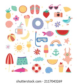 Set of cute summer icons isolated on white backgroun. Tropical holidays. Summer beach. Vector illustration.