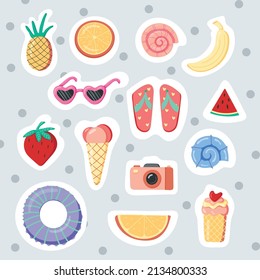 Set of cute summer icons isolated on blue backgroun. Tropical holidays. Summer beach. Vector illustration.