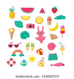 Set süßer Sommersymbole einzeln auf weißem Hintergrund. Tropische Feiertage. Sommerstrand. Vektorgrafik.