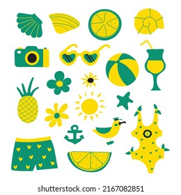 Conjunto de adorables iconos de verano aislados en el fondo blanco. Fiestas tropicales. Playa de verano. Ilustración vectorial.