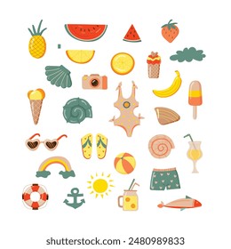 Set of cute summer icons isolated on white backgroun. Tropical holidays. Summer beach. Vector illustration.