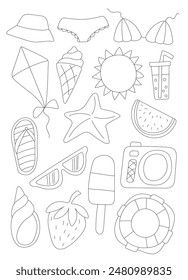 Conjunto de iconos de verano lindos aislados sobre fondo blanco. Vacaciones tropicales. Playa de verano. Ilustración vectorial.