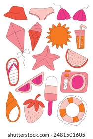 Set of cute summer icons isolated on white backgroun. Tropical holidays. Summer beach. Vector illustration.