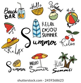 Set of cute summer icons. Summer labels, logos, hand drawn tags and elements for summer. Holiday beach elements.