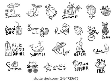 Set of cute summer icons. Summer labels, logos, hand drawn tags and elements for summer. Holiday beach elements.