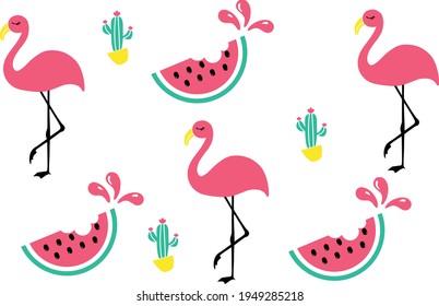 Juego de adorables iconos de verano: hojas de monstera, frutas y flamingo. Afiche luminoso en verano. Colección de elementos de reserva de recortes para fiestas en la playa.