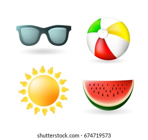 Set of Cute Summer Icons on White Background . Isolated Vector Illustration