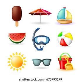 Set of Cute Summer Icons on White Background . Isolated Vector Illustration