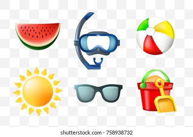Set of Cute Summer Icons on Transparent Background . Isolated Vector Illustration