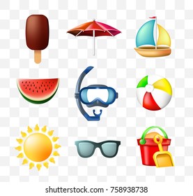 Set of Cute Summer Icons on Transparent Background . Isolated Vector Illustration