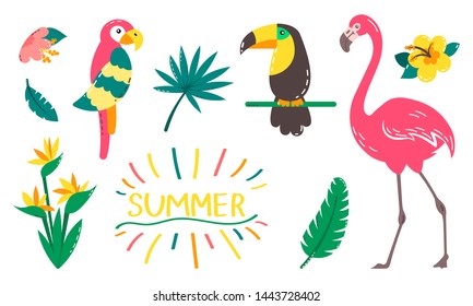 Set of cute summer icons: palm leaves, tropical plants, toucan, parrot and pink flamingo. Bright summertime poster. Collection of scrapbooking elements for beach party.