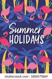 Set of cute summer icons: palm leaves, fruits, flamingos. summer holidays, travel, beach vacations and days. Vector illustration.