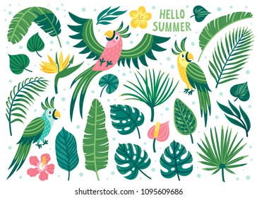 Set of cute summer icons: parrots, exotic flowers and palm leaves. Bright summertime poster with cartoon characters. Collection of scrapbooking elements for beach party invites.