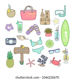 Set of cute summer icons. Perfect for web, card, poster,sticker kit. Vector illustration.
