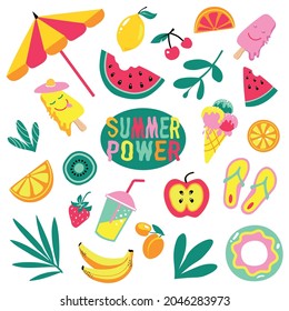 A set of cute summer icons, stickers: food, drinks, palm leaves, fruit. Bright summer poster. A collection of elements for a beach party.