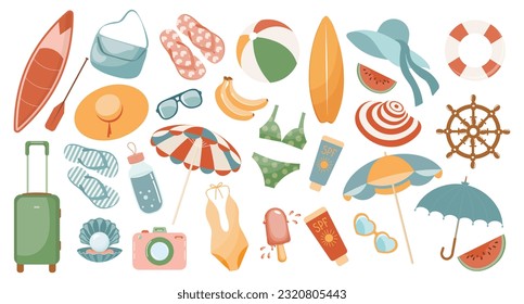 Juego de adorables iconos de verano, pegatinas. Colección de elementos de reserva de recortes para fiestas en la playa. Vacaciones tropicales. Vector