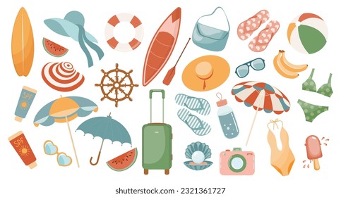 Set of cute summer icons, stickers. Collection of scrapbooking elements for beach party. Tropical vacation. Vector