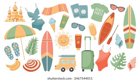 Set of cute summer icons, stickers. Collection of scrapbooking elements for beach party. Tropical vacation. Vector