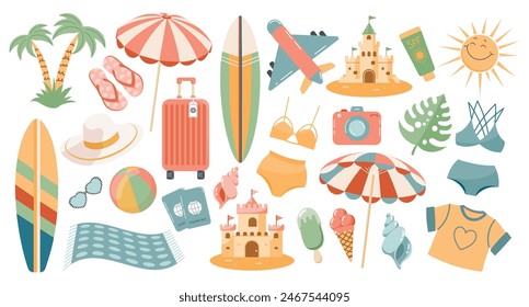 Set of cute summer icons, stickers. Collection of scrapbooking elements for beach party. Tropical vacation. Vector