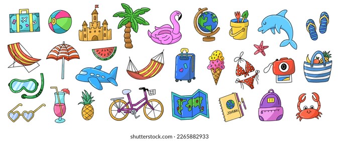 Set of cute summer icons summertime poster collection scrapbooking elements beach party vector illustration isolated on a white background