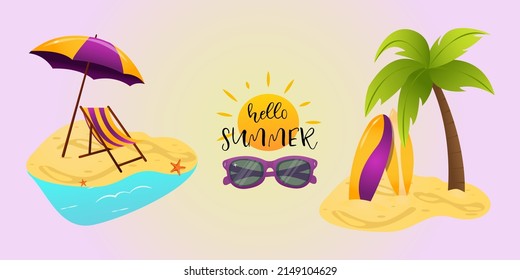 A set of cute summer icons: umbrella, beach, swimsuit, sunglasses, beach, hat, sunbed, surfboard, sun, yellow, purple. A bright summer set of vector illustrations. 