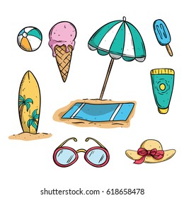 set of cute summer icons using doodle art on white background