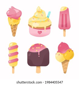 A set of cute summer icons: various ice cream, ice cream. Bright summer poster with sweet food. A collection of scrapbooking elements for a beach party.